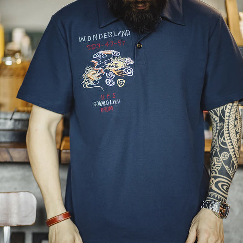 Men’s Retro Embroidered Knit Polo Shirt – Summer Lapel Short Sleeve Tee